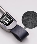 Slick Black Leather Car Keychain And Heavy Duty Zinc Alloy Key Ring Made Tough For Honda Accord Civic Crv Pilot with close-up texture.