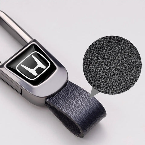 Slick Black Leather Car Keychain And Heavy Duty Zinc Alloy Key Ring Made Tough For Honda Accord Civic Crv Pilot with close-up texture.