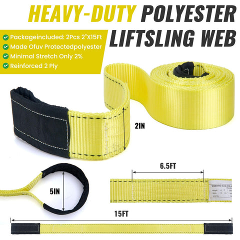Heavy Duty Lift Sling Straps 15ft 2in Nylon Webbing Slings, 22,500 Lbs Capacity, flat eye design shown in dimensions