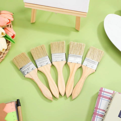 30 Piece Flat Paint Brush Set With Thick 12mm Wood Handles 2 Inch Oil Based Stain Brushes arranged on a green surface
