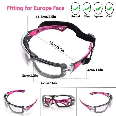 All Day Comfort Anti Fog Safety Goggles For Women With HD Scratch-Resistant Lenses, pink frame, measurement guide