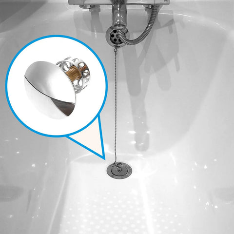 Brass Bathtub Drain Stopper with Push Button Flat Seal displayed in a bathtub, showing sleek design and overflow feature.