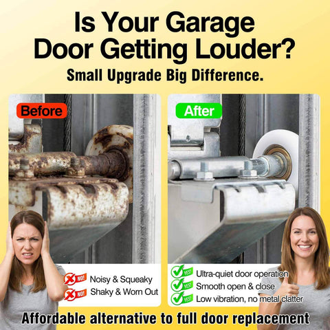 Comparison of old and new garage door roller system with 10 Pack Nylon Garage Door Rollers Replacement With 6200 ZZ Dual Sealed Bearings Quiet And Smooth Operation 2 Inch Wheel And 4 Inch Steel Stem For Standard Residential Doors Beefed Up Heavy Duty Rollers Set