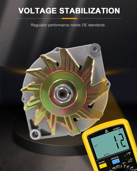 One Wire 100 Amp Alternator Replacement For 10SI Self Exciting Units For SBC BBC GM High Output Vehicles front view with voltmeter