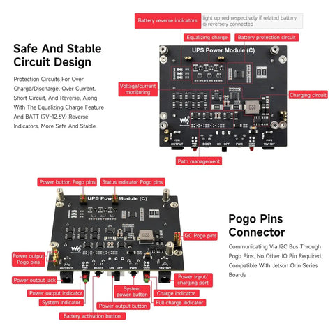 Top and side view of Uninterruptible Power Supply UPS Module For Jetson Orin Lets You Charge And Power Output At The Same Time 21700 Li Battery Ready Battery Not Included Pogo Pin Connector I2C Battery Monitoring Dynamic Path Management.