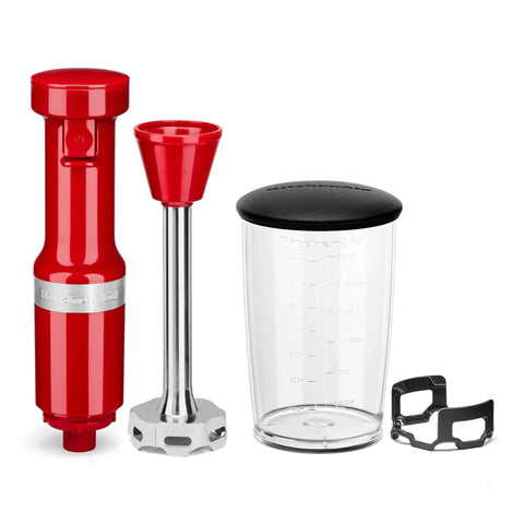 Premium Corded Hand Blender Engineered To Easily Whip Up Creamy Smoothies And Silky Soups Fast With Variable Speed Trigger And Removable Stainless Steel Blades In Deep Empire Red Finish with blending arm and jar.