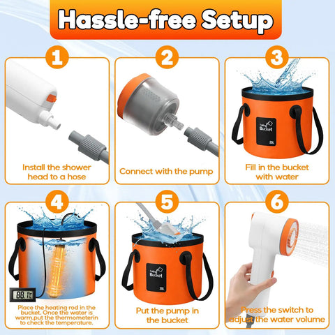 Rechargeable Camping Shower With Immersion Water Heater, LED Filter Shower Head, Portable Pump setup instructions image
