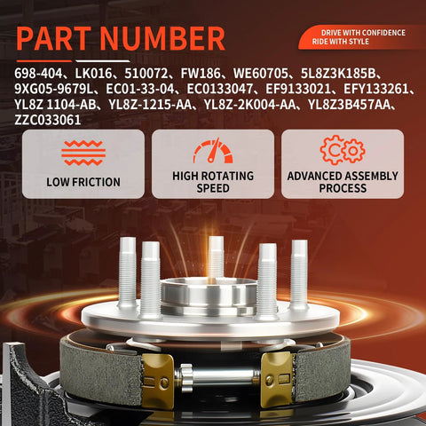 Close-up of Front Right Steering Knuckle And Wheel Bearing Hub Assembly For Ford Escape, Mazda Tribute, and Mercury Mariner Passenger Side 698-404 showing part numbers and features.