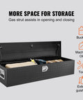 Road Ready Heavy Duty Aluminum Truck Bed Toolbox Featuring Diamond Plate Shield And Tamper Proof Latching For Rough Daily Runs And Tailgate Chasing 48 Inch Black Storage Case with items inside.