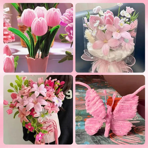 Bulk 500 Pcs Pipe Cleaners Craft Kit With 6 Color Chenille Stems For DIY Flowers Pink Pack Includes Floral Stems Stamens Glue Sticks Ribbon Tape And Floral Paper Gift For Kids Art Projects And Fun, pink chenille flower bouquet and butterfly craft examples
