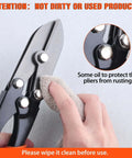 Cleaning 5 Blade Hand Crimpers For Sheet Metal And Ductwork with cloth, showing oil to protect against rust, heavy duty pro grade tool