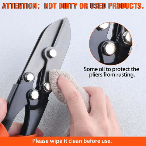 Cleaning 5 Blade Hand Crimpers For Sheet Metal And Ductwork with cloth, showing oil to protect against rust, heavy duty pro grade tool