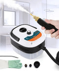 Supercharged 2500W Handheld Steam Cleaner With Three Heads And One Liter Tank fires up steam in a modern bathroom.