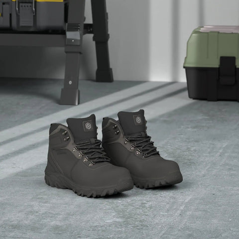Steel Toe Boots For Men Work Shoes With Puncture Resistant Plate And ASTM F2413 18 Safety Standard, built for industrial use.