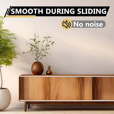 Wooden cabinet with decorative vases showing smooth sliding doors using Two Pack Heavy Duty Four Foot Long Plastic Sliding Cabinet Door Track Hardware Sets For Half Inch Thick Panels Includes Upper And Lower Tracks For Sliding Closet Doors And Glass Window Cabinets Easy Quick Installation.