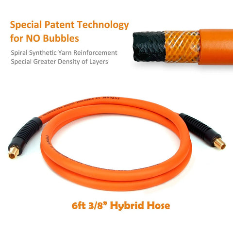 Six Foot Hybrid Air Compressor Hose Kit Including Ten Piece Built Tough Brass Fittings And 3/8 Inch Whips Plus 1/4 Npt Plugs For Pro Grade Shop Sessions And No Sweat Auto Repairs, 6ft orange hybrid hose with brass fittings.