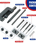 13 Piece Chain Breaker Tool Kit For Motorcycles, ATVs, And Bicycles, showing contents like C-frame press, drive handle, and breaking pins.