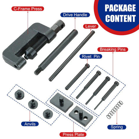 13 Piece Chain Breaker Tool Kit For Motorcycles, ATVs, And Bicycles, showing contents like C-frame press, drive handle, and breaking pins.