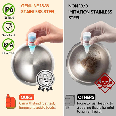 Comparison showing 18/8 Stainless Steel Mortar and Pestle Set with rustproof properties, versus imitation with rust marks.