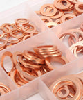Heavy Duty 300 Piece Red Copper Gasket Washer Assortment Kit With 11 Sizes From M5 To M16 For High Thermal Conductivity Sealing Oil Pan Fuel And Hydraulic Joints, assorted copper washers in storage tray