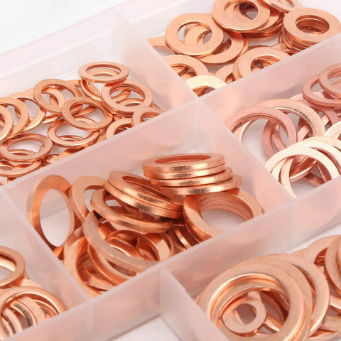 Heavy Duty 300 Piece Red Copper Gasket Washer Assortment Kit With 11 Sizes From M5 To M16 For High Thermal Conductivity Sealing Oil Pan Fuel And Hydraulic Joints, assorted copper washers in storage tray