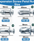 Heavy Duty Expansion Screw Jack Nuts Assortment Kit With Zinc Plated Carbon Steel Fasteners showing M4-20, M5-25, M6-25 sizes.