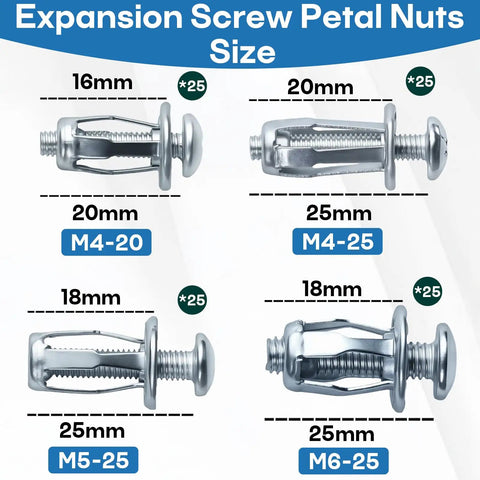 Heavy Duty Expansion Screw Jack Nuts Assortment Kit With Zinc Plated Carbon Steel Fasteners showing M4-20, M5-25, M6-25 sizes.