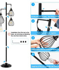 Industrial Tree Floor Lamp With Three Teardrop Cage Heads And ST58 Edison LED Bulbs assembly instructions and components.