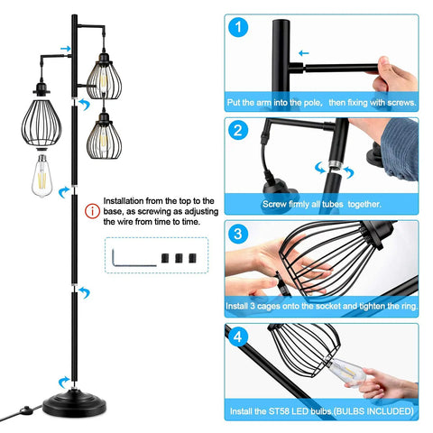 Industrial Tree Floor Lamp With Three Teardrop Cage Heads And ST58 Edison LED Bulbs assembly instructions and components.