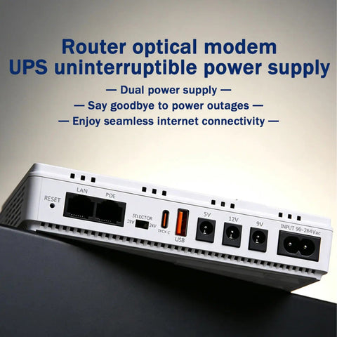 Mini UPS Backup Power Supply 8000mAh Battery Pack For Routers and Modems with dual power supply ports displayed.