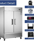 54 Inch Wide Two Door Commercial Stainless Steel Freezer 42.2 Cu Ft with digital thermostat and high-performance compressor.