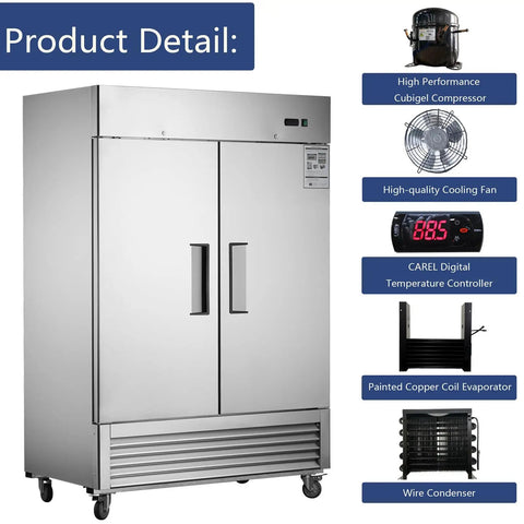 54 Inch Wide Two Door Commercial Stainless Steel Freezer 42.2 Cu Ft with digital thermostat and high-performance compressor.