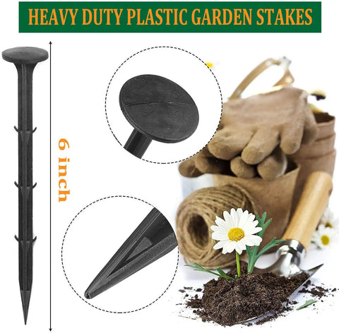 Close-up of 80 Pack Plastic Lawn Stakes Six Inch Ground Anchors Spikes Heavy Duty for various lawn and garden uses.