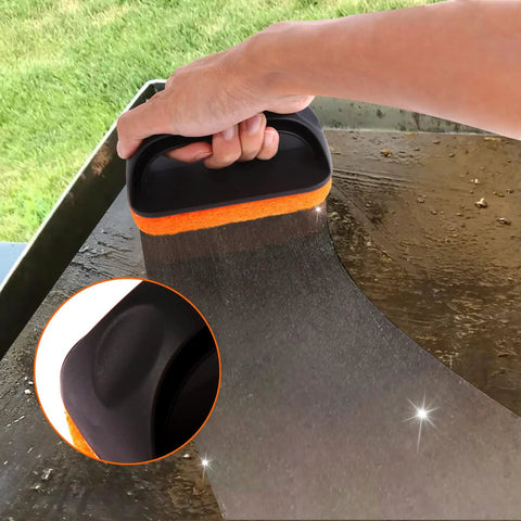 Hand using Ultimate Griddle Cleaning Kit For Flat Top Grill 18 Piece Cleaner Set With Scraper on griddle surface