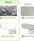 Comparison between upgraded door shelf bin 0.45kg food-grade material and cheaper 0.42kg alternative.