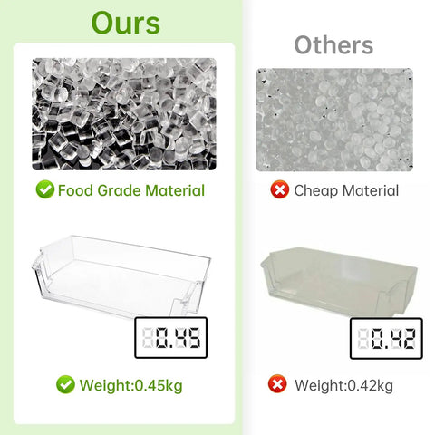 Comparison between upgraded door shelf bin 0.45kg food-grade material and cheaper 0.42kg alternative.