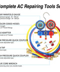 3 Way AC Manifold Gauge Set With Quick Couplers And 410 Adapter For R134A R410A R22 R404A Refrigerants Puncturing Can Tap Valve Core