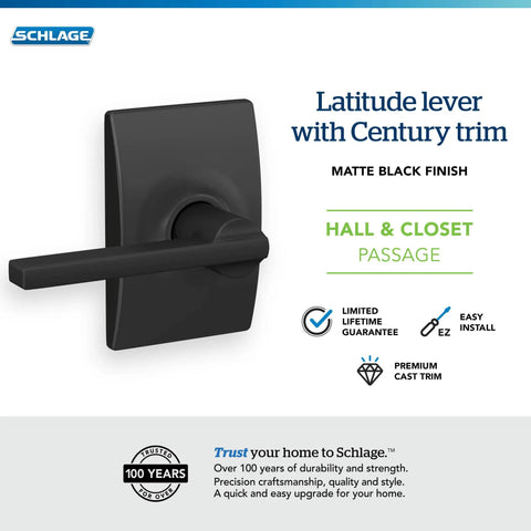 Latitude Door Lever With Century Trim Matte Black Hall Closet Passage Non Locking Interior Door Handle Easy Install