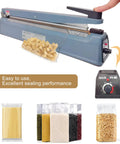 16 Inch Impulse Heat Sealer For Plastic Mylar Bags With 3mm Seal Width in action sealing pasta bag, control panel close-up.