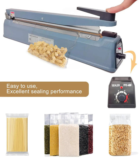 16 Inch Impulse Heat Sealer For Plastic Mylar Bags With 3mm Seal Width in action sealing pasta bag, control panel close-up.