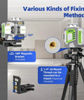 Rock Solid 360 Self Leveling Green Laser Level With 12 Dead On Cross Lines High Precision Rotary Beacons For Construction Drywall Tiling And Fine Art Hangs Ships With Reliable Rechargeable Battery And Smart Wireless Remote showing 180° magnetic bracket and tripod mount.