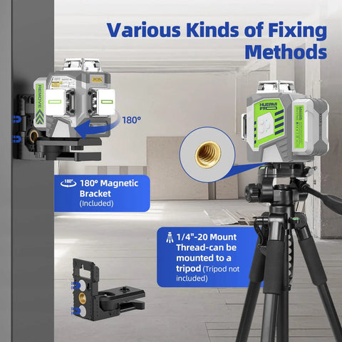 Rock Solid 360 Self Leveling Green Laser Level With 12 Dead On Cross Lines High Precision Rotary Beacons For Construction Drywall Tiling And Fine Art Hangs Ships With Reliable Rechargeable Battery And Smart Wireless Remote showing 180° magnetic bracket and tripod mount.