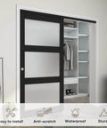 Sliding Closet Door Set With Frosted Glass, 72 Inch Wide By 80 Inch High, Double 37 Inch Panels, black wood frame installed