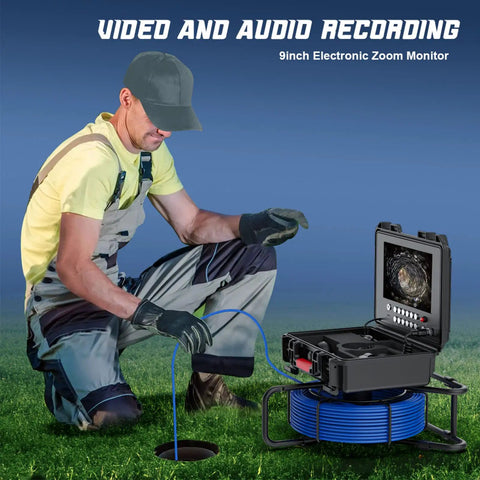 Badass Heavy Duty 9 Inch Sewer Inspection Camera with display, blue cable, and technician using it for drainage inspection.