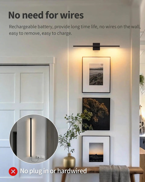 Slick Black Cordless Wall Sconces Set Of Two Wireless Led Accent Lamps With Smooth Stepless Dimming And Handy Remote zero wiring hassle, showcased in modern home setting.