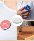 Collage featuring Clear Badge Film For Button Making 400 Pcs Protective PVC Shield, including badge designs and accessory use.