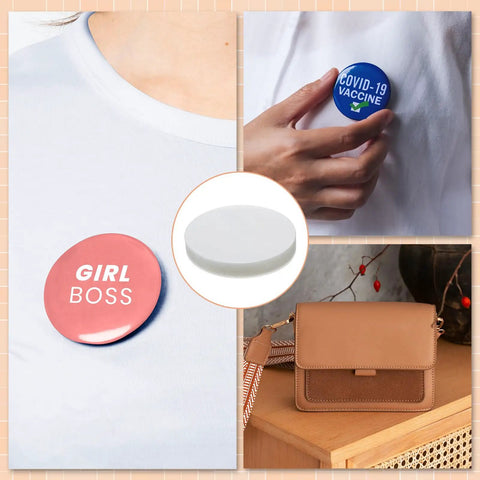 Collage featuring Clear Badge Film For Button Making 400 Pcs Protective PVC Shield, including badge designs and accessory use.