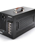 Beefy Thunderbolt 3 External Graphics Dock Paired With 750W Power Supply showing rear ports and handle in stealth black.