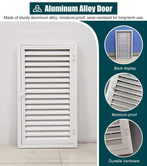 Solid Louvered Vent Access Panel Aluminum Recessed Magnetic Hatch For Drywall Attic Walls With Heavy Duty Inspection Door shown on a wall surface.