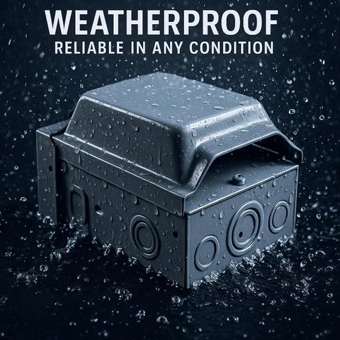 Heavy Duty NEMA L5 30R Power Outlet Box With 15 Amp Switch weatherproof electrical panel surrounded by water droplets